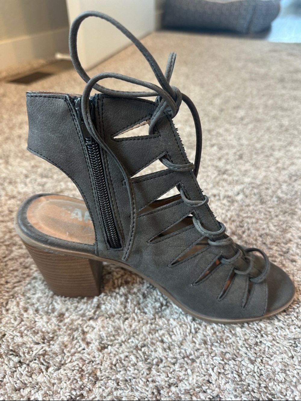 Farylrobin Gray Lace-Up Cutout Block Heel Sandal